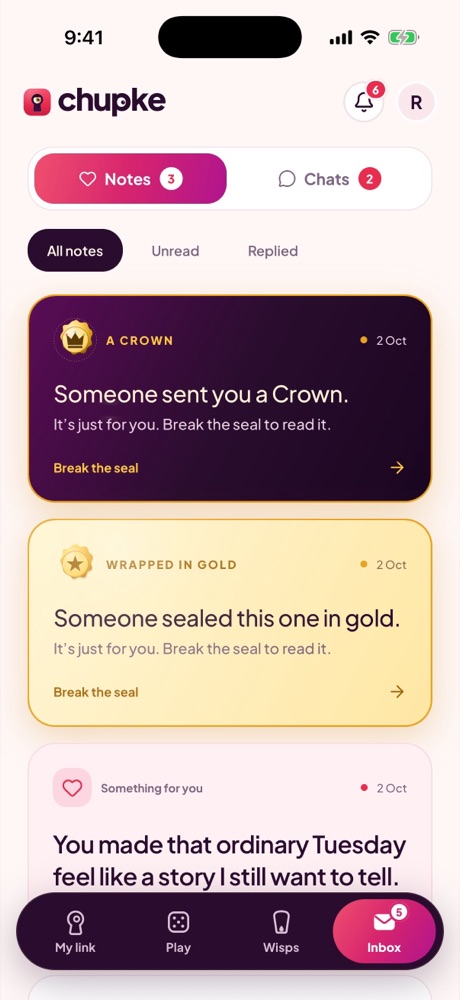 Chupke screenshot: An inbox of notes